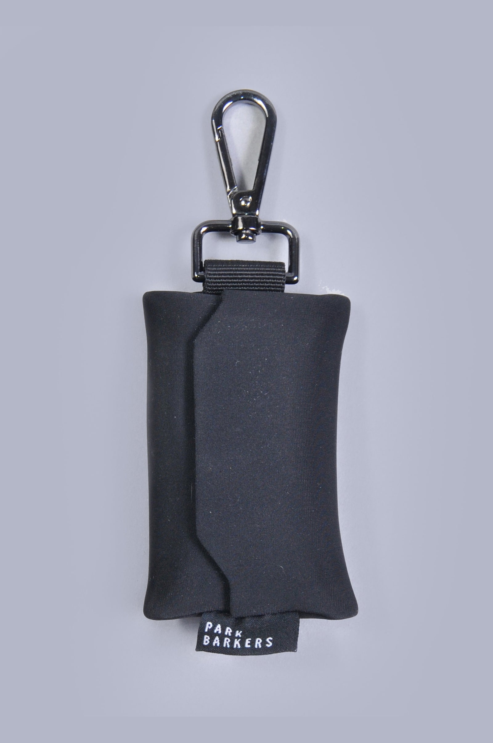 Front view of black neoprene dog wast bag holder