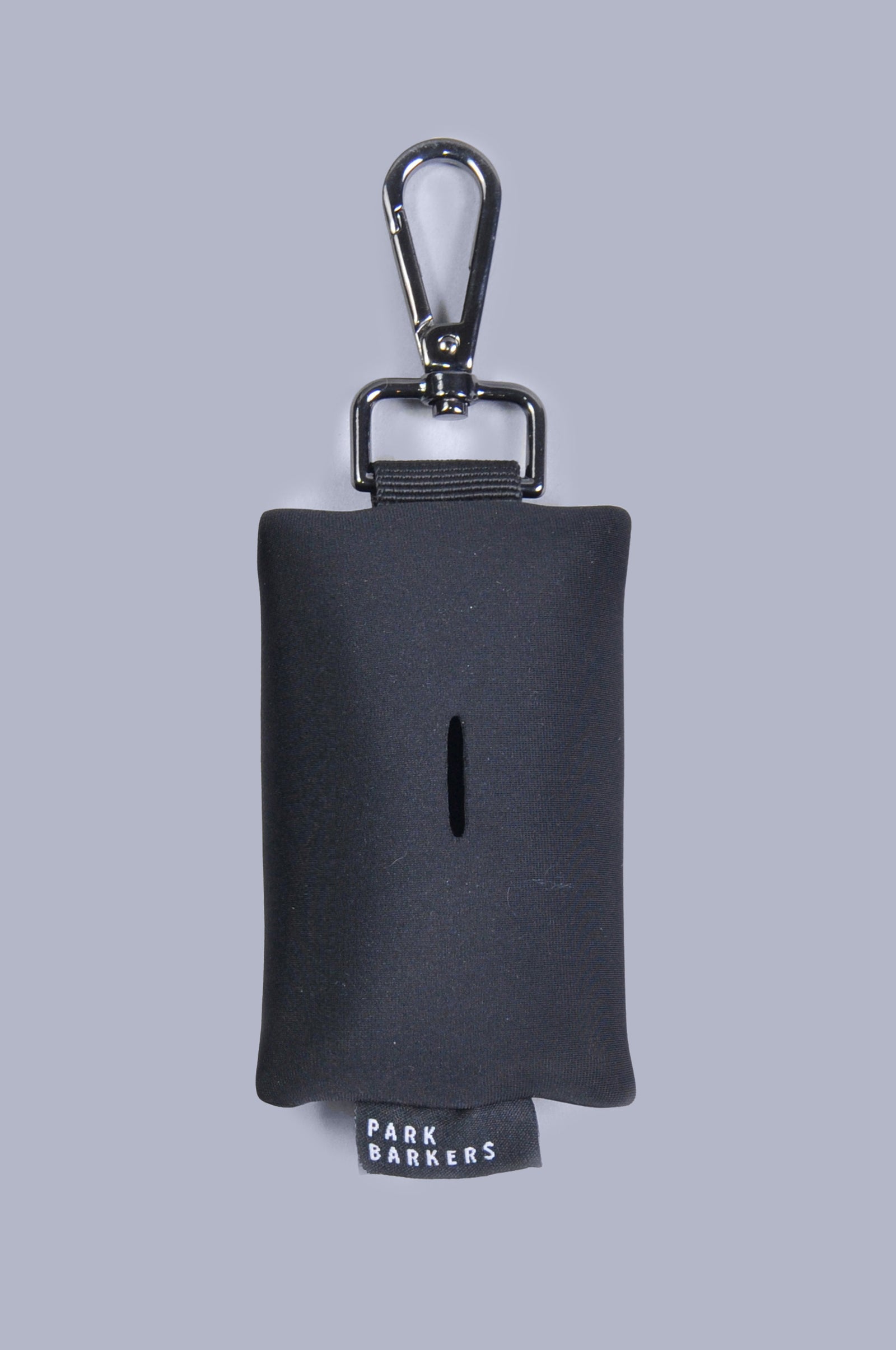Front view of black neoprene dog wast bag holder